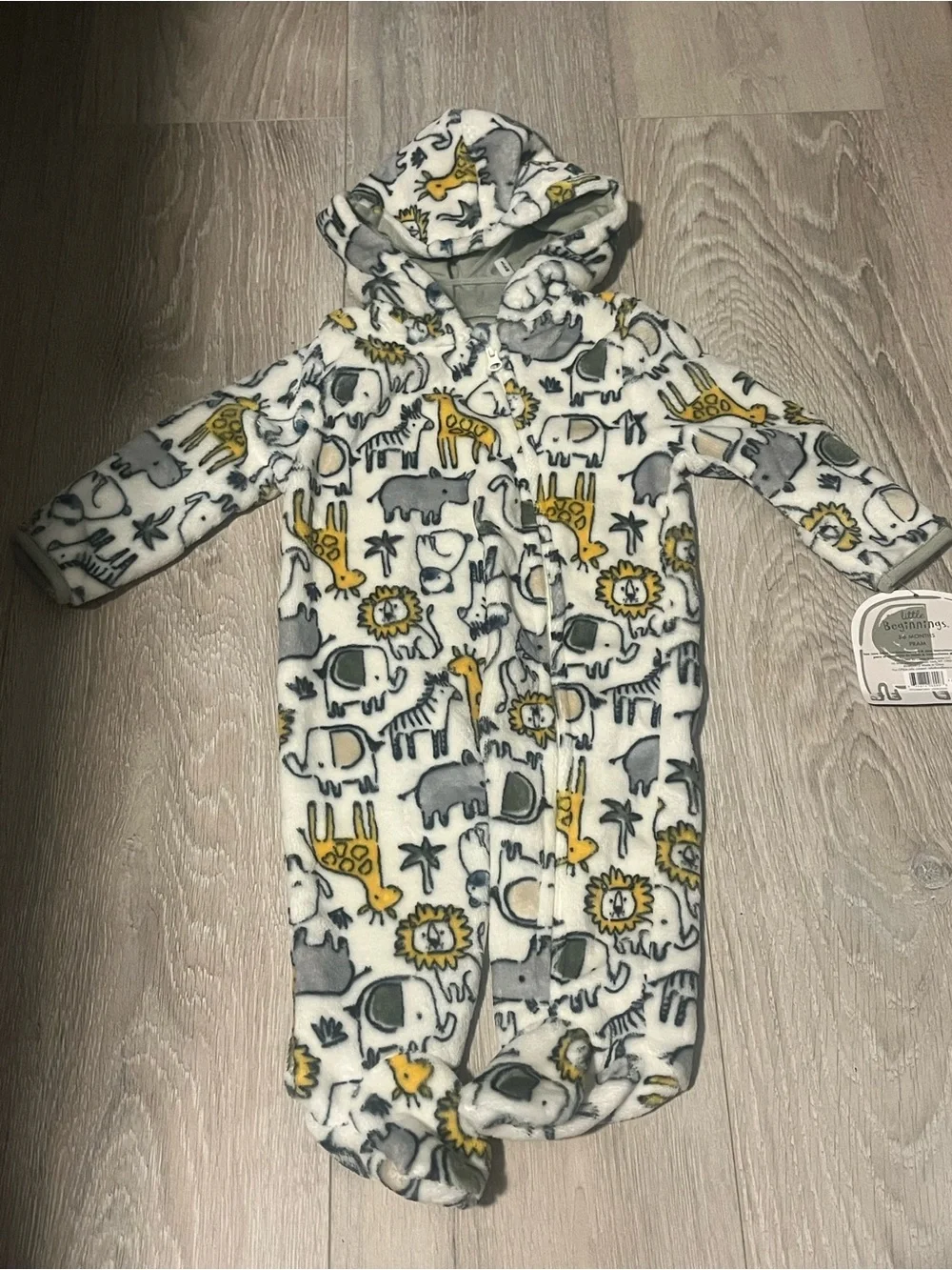 Little Beginnings Cream, Gray & Yellow Safari Fleece Baby Footie with Hood